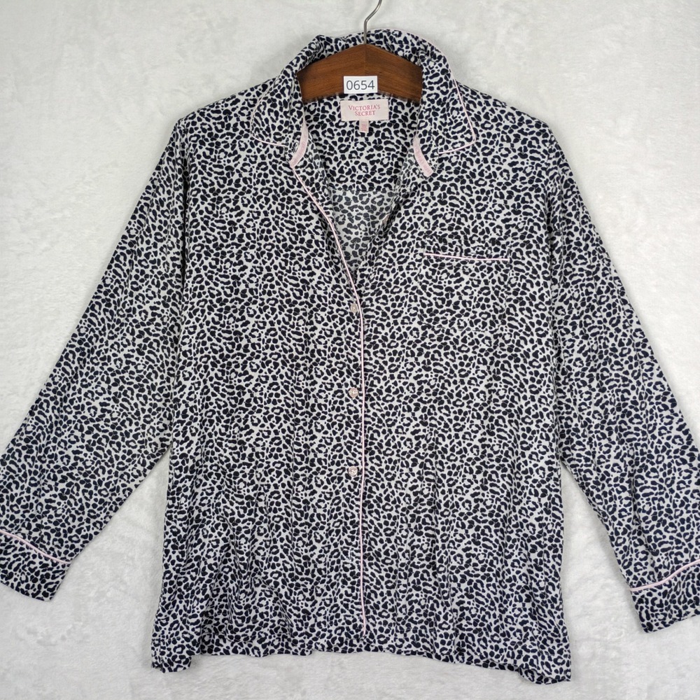 Victoria's Secret Pajama Top Womens L Black White Leopard Cotton Lounge Sleep